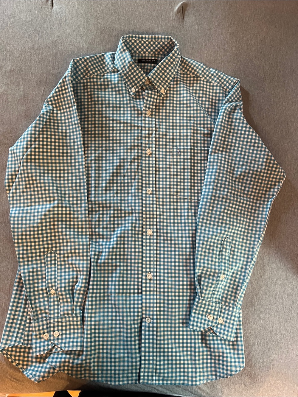 Tailorbyrd Teal and White Gingham Button-Down Shirt